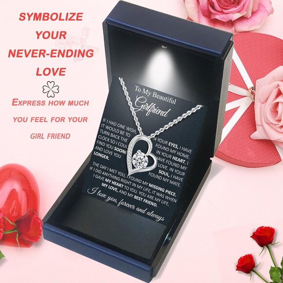 Sterling Silver Heart Necklace for Wife with Cubic Zirconia, Adjustable Chain - Picture 2 of 5